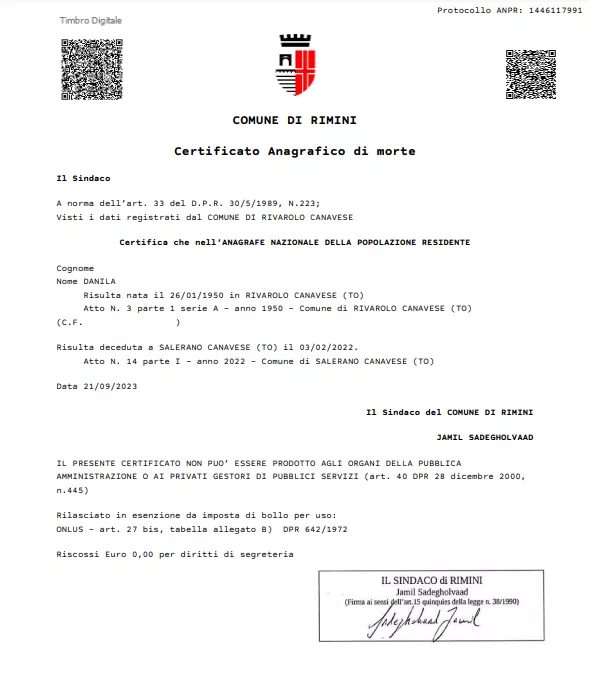 Esempio Certificato di Morte