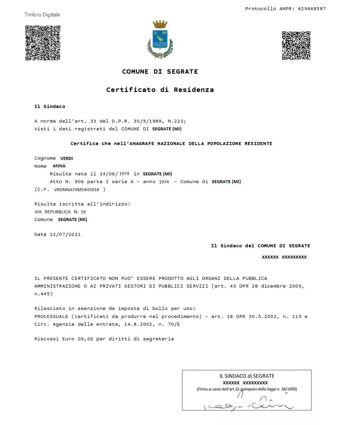 Facsimile Certificato di residenza anagrafica Comune di Segrate (MI)