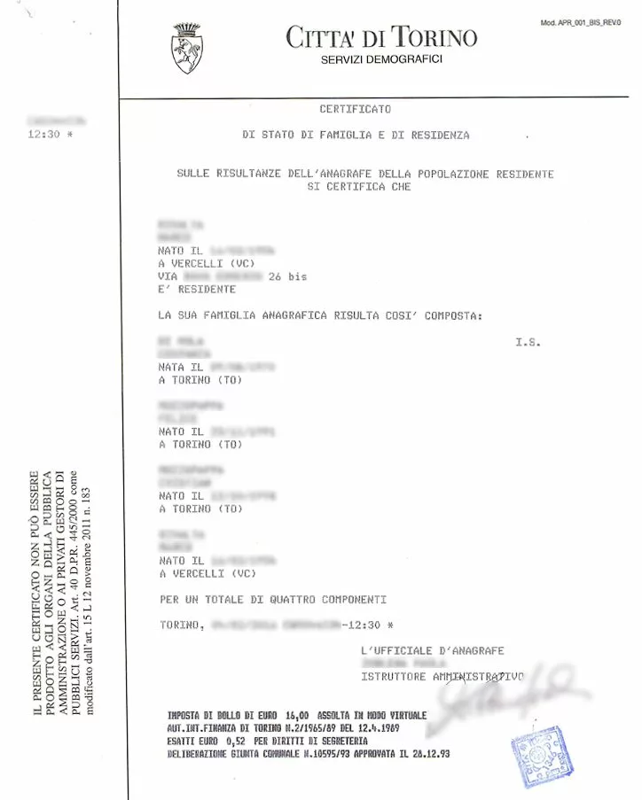 FAC simile Certificato Contestuale (stato famiglia e residenza).