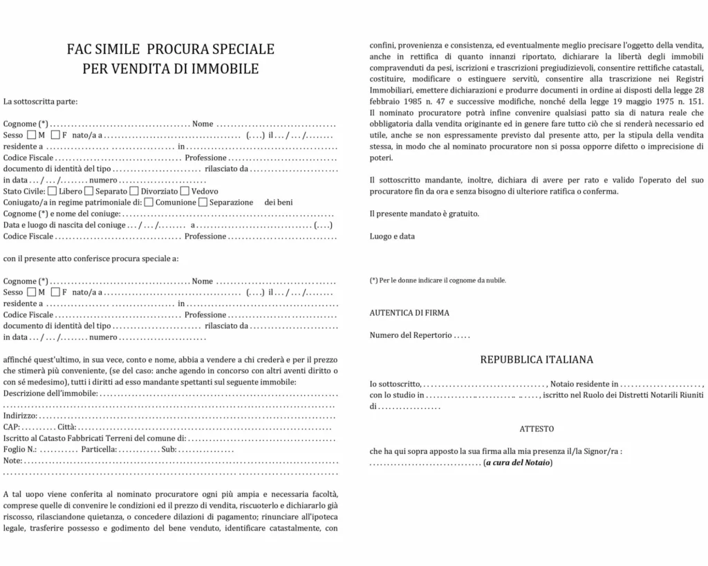 Fac simile di una procura notarile speciale per vendita di un immobile